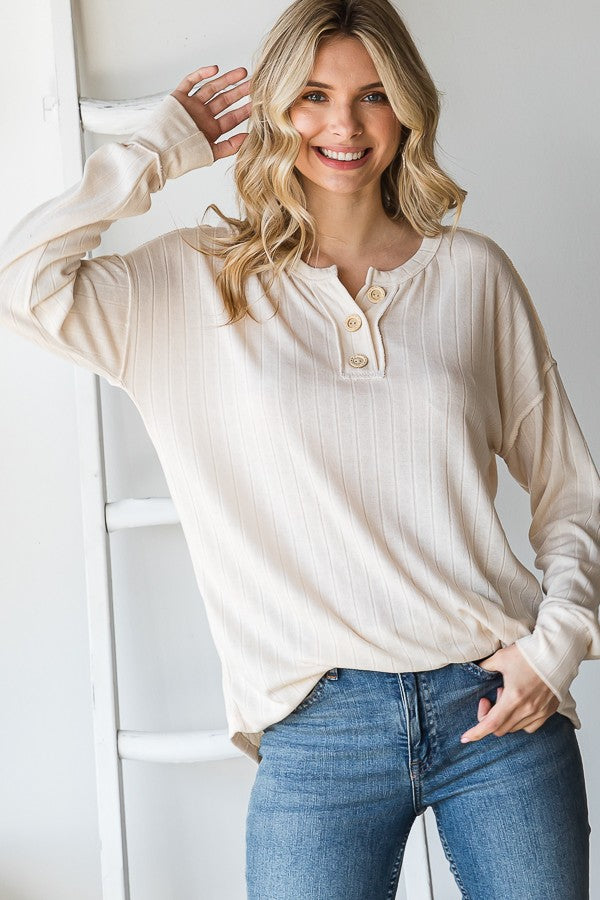 Cream Ribbed Button Up Top