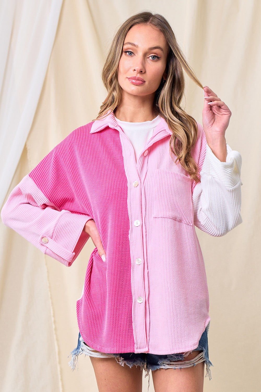 Shades of Pink Ribbed Button Up
