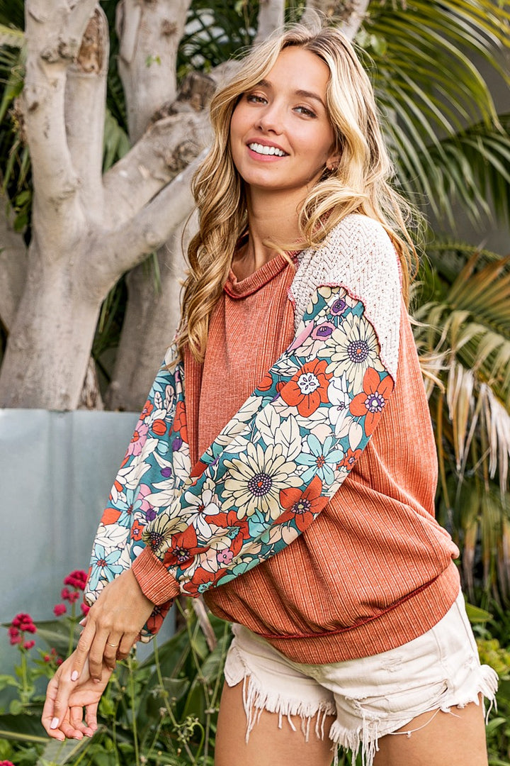 Rust Ribbed Floral Sleeve Top