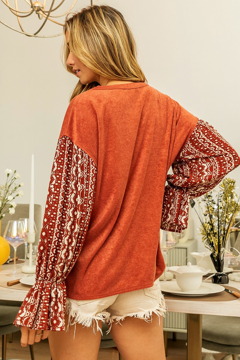 Burnt Orange Patterned Sleeve Top