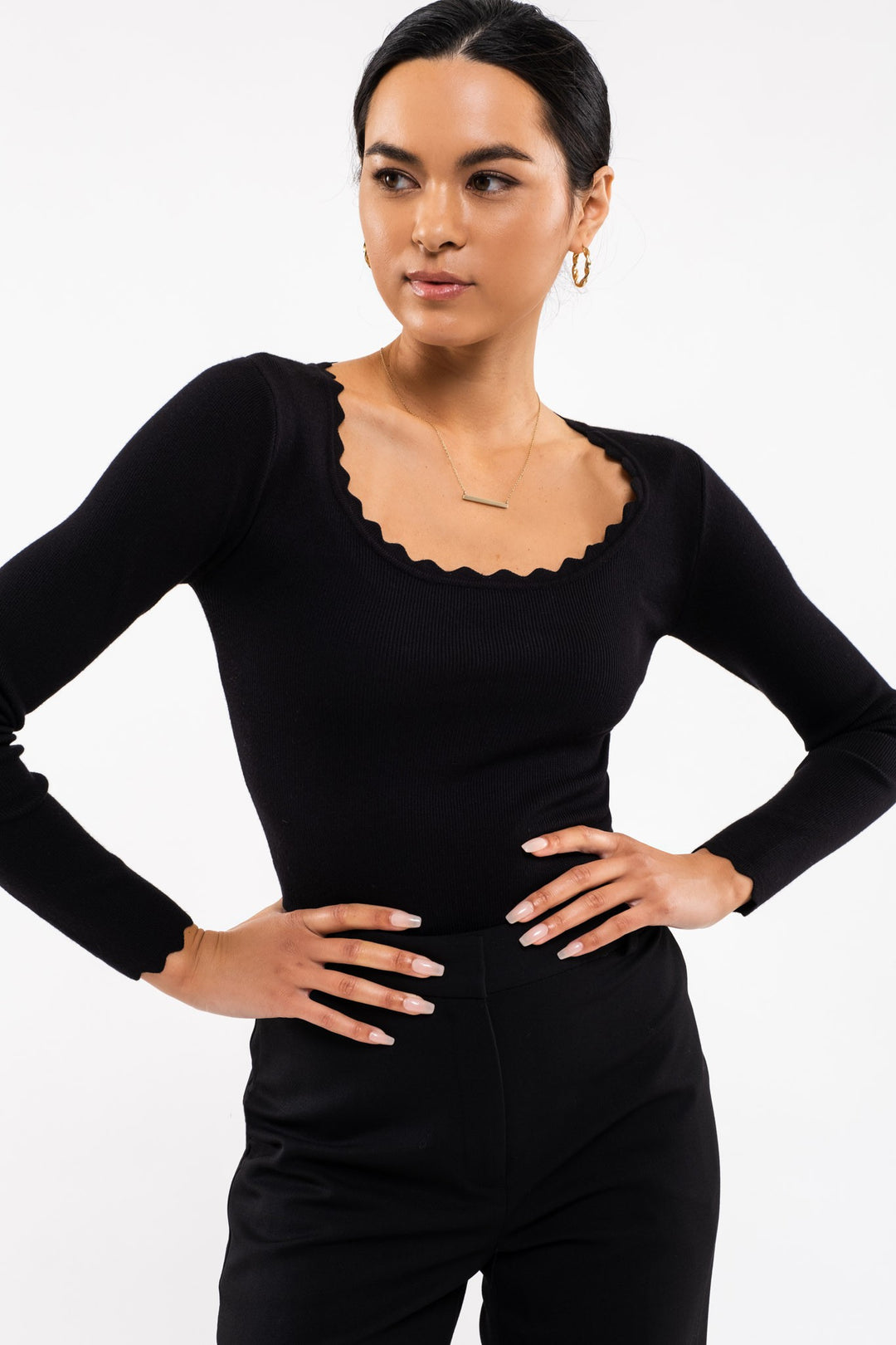 Black Ribbed Scallop Long Sleeve Top