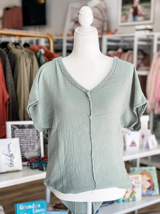 Sage V-Neck Gauze Top