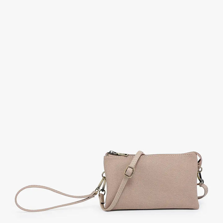Taupe Riley Faux Canvas 3 Compartment Crossbody Wristlet