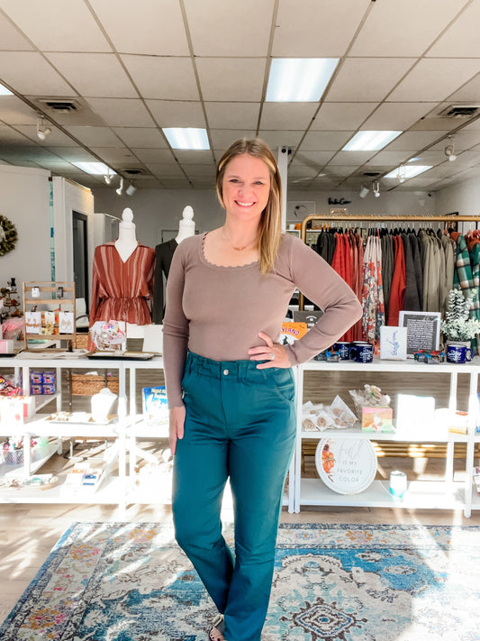 Teal Banded Straight Dressy Pants