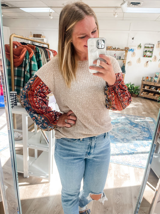 Oatmeal Boho Print Bubble Sleeve Top