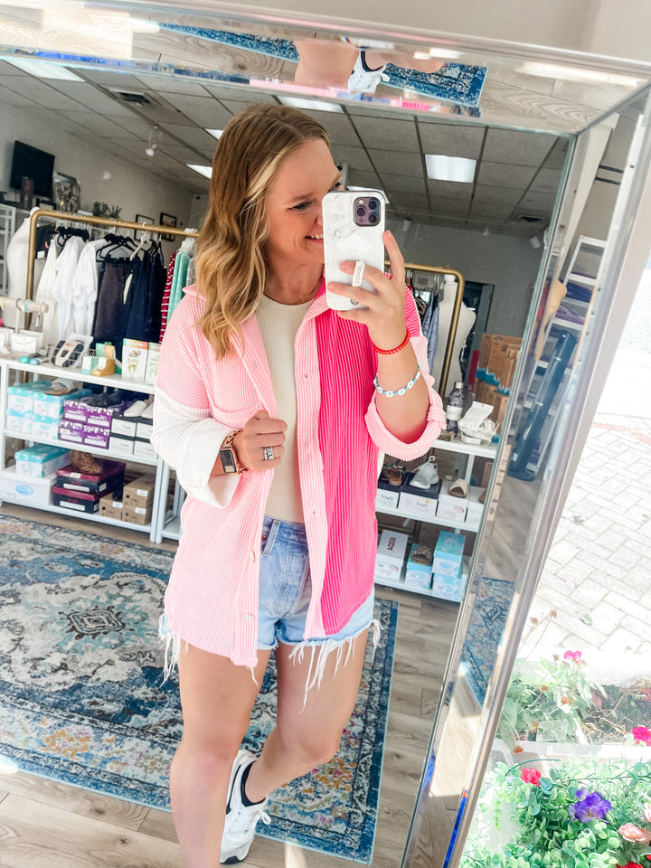 Shades of Pink Ribbed Button Up