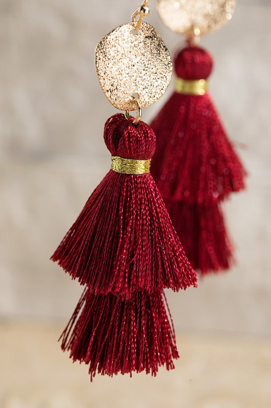 Disc & Tassel Earrings-BURGUNDY