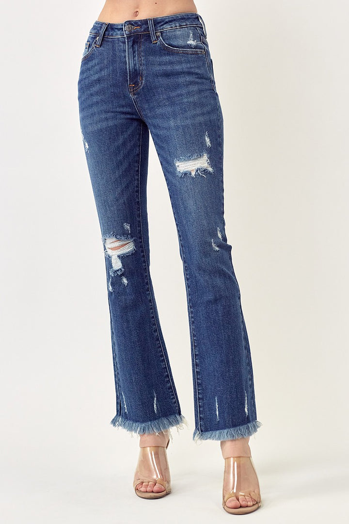 Risen Mid Rise Distressed Ankle Flare Jeans