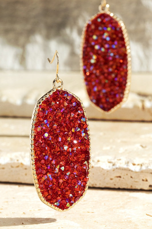 Iridescent Oval Dangle Drop Earrings-Red