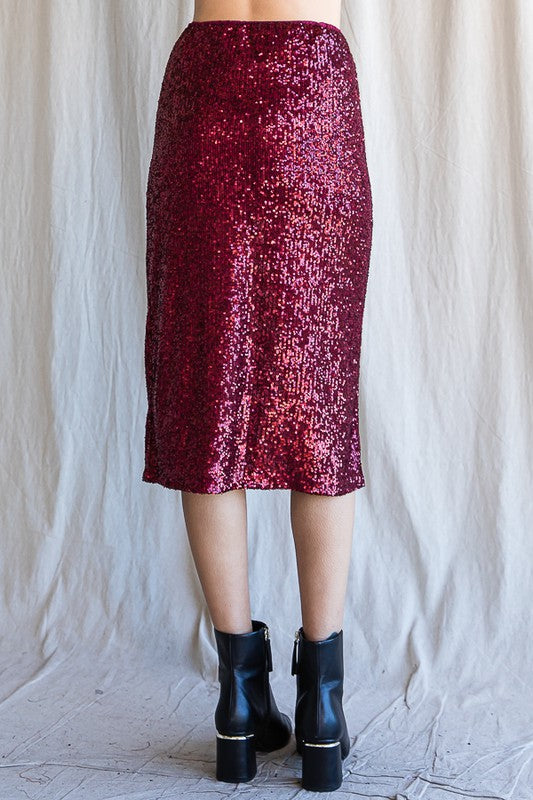 Burgundy Sequin Slit Skirt