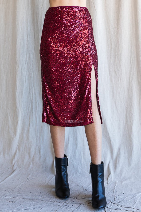 Burgundy Sequin Slit Skirt