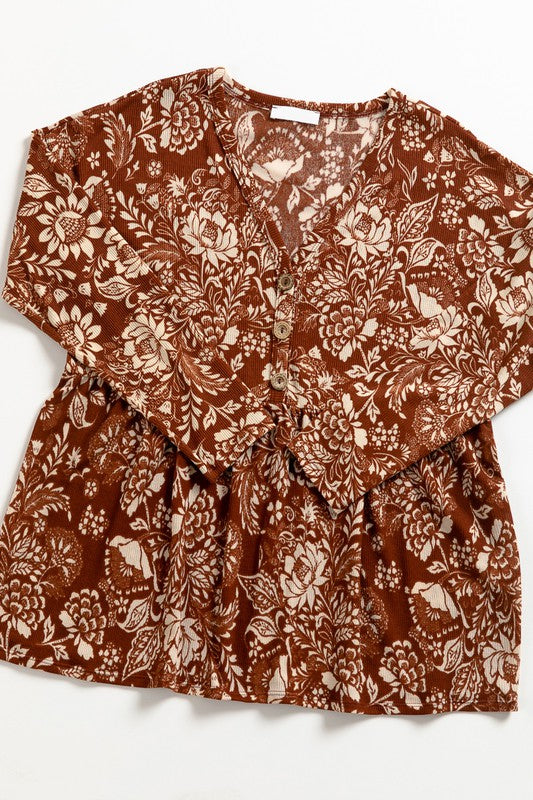 Brown Floral Button Top