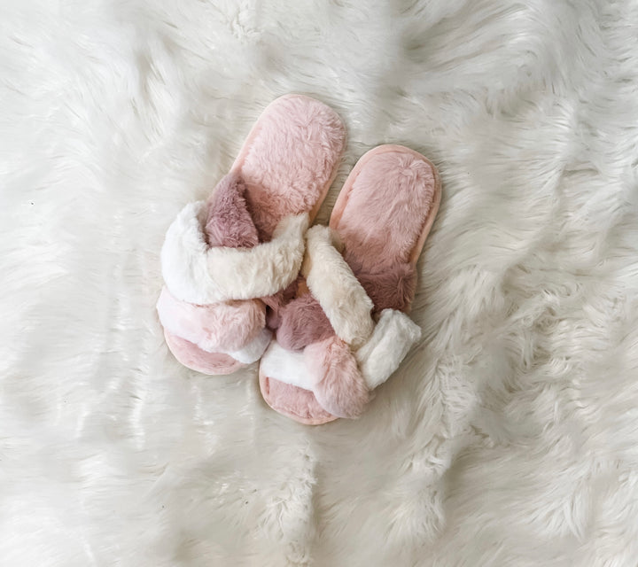 Pink Criss Cross Fuzzy Slippers
