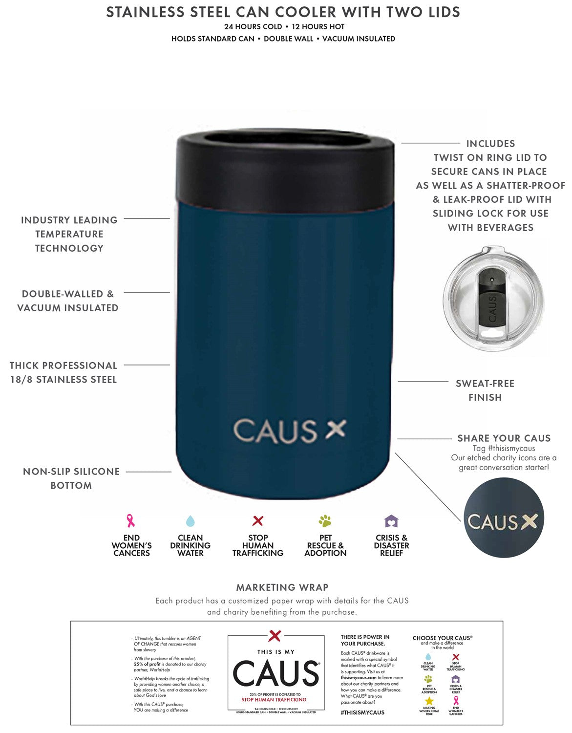 Caus Stainless Steel Can Cooler with Lid